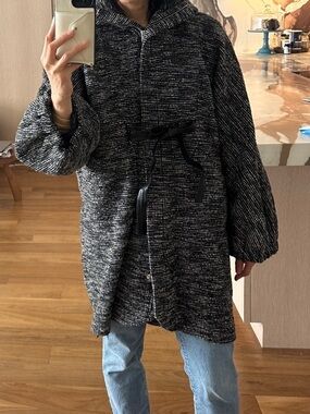 Zero + Maria Cornejo Black Heathered Wool Blend Hooded Cocoon Coat